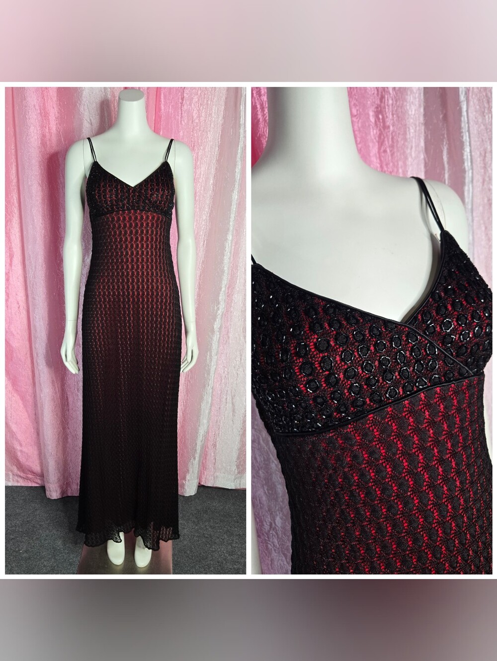 Rimini Vintage Y2K Red Black Crochet Lace Overlay Beaded Goth Dress Size 4